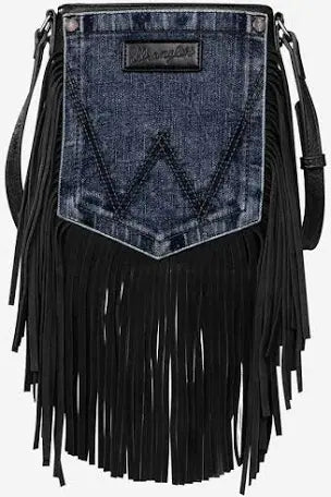 Wrangler Leather Fringe Jean Denim Pocket Crossbody - Black