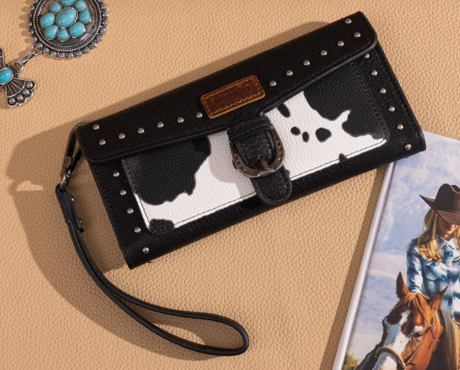 Wrangler Western Cow-Print Tri-fold Wallet/Wristlet With Detachable Credit Card Holder
