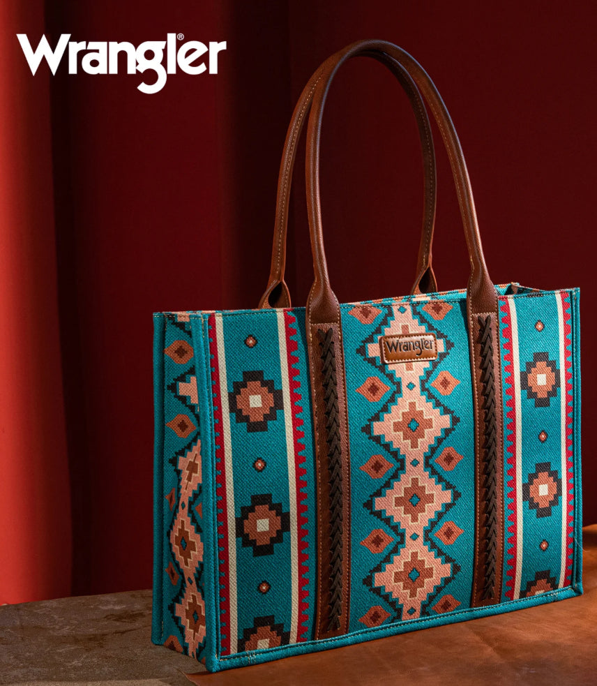Wrangler Southwestern Pattern Dual Sided Print Canvas Wide Tote-Dark Turquoise