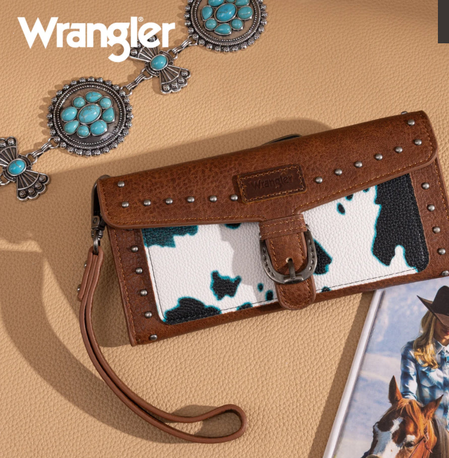 Wrangler Western Cow-Print Tri-fold Wallet/Wristlet With Detachable Credit Card Holder