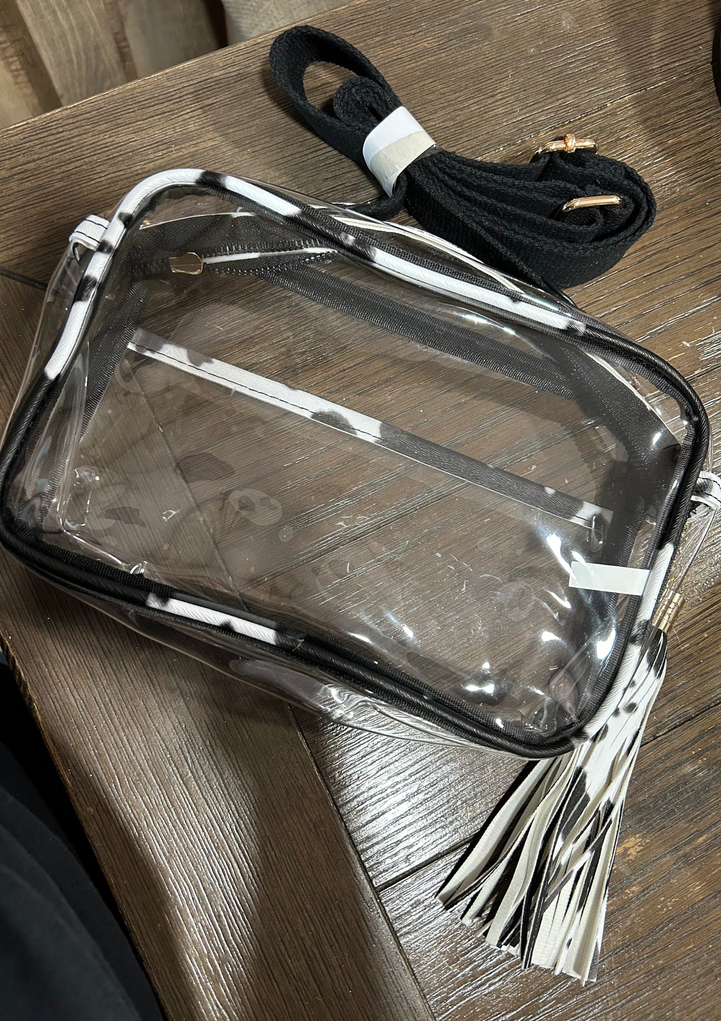 Black Cow Print Rectangle Clear Crossbody