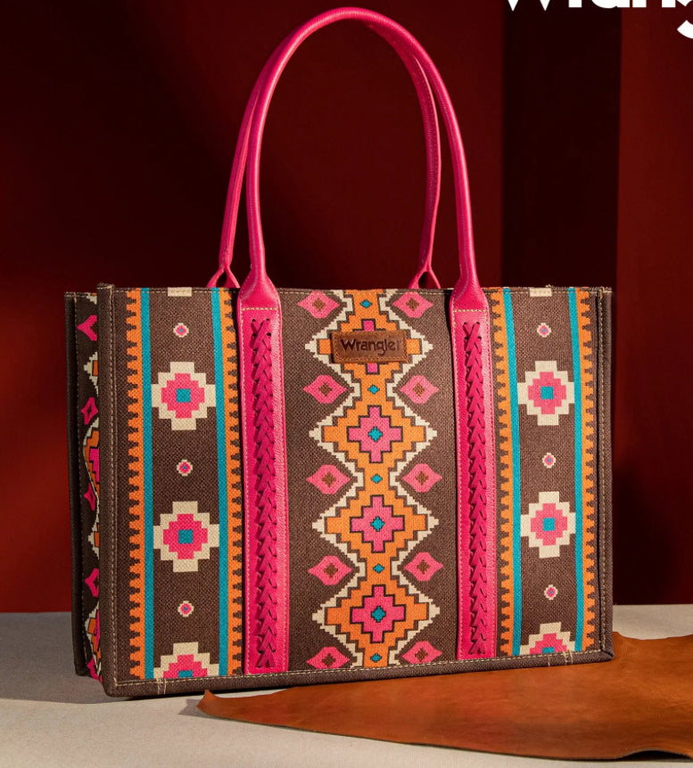 Wrangler Southwestern Pattern Dual Sided Print Canvas Wide Tote- Hot Pink