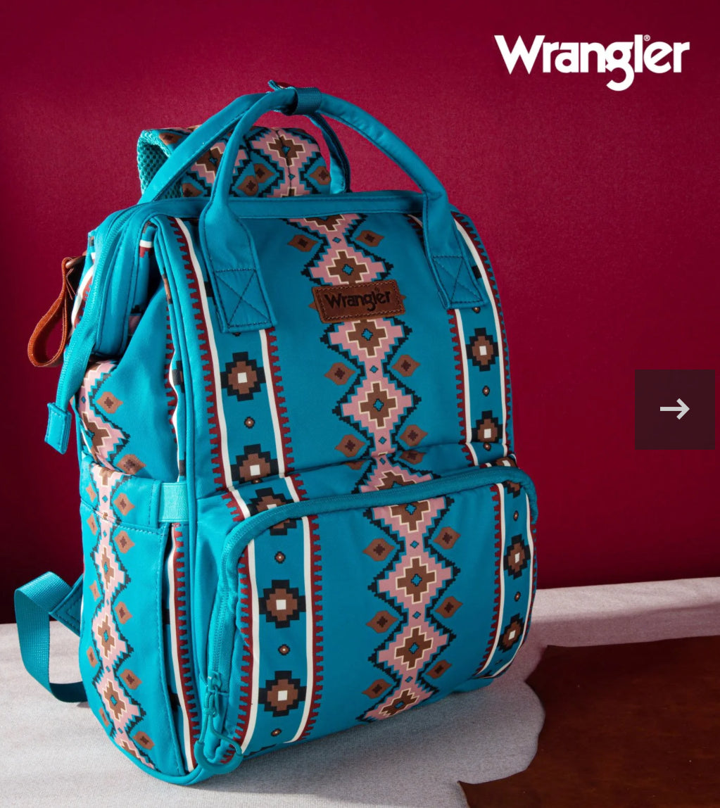 Wrangler Aztec Southwestern Pattern Dual Sided Print Multi-Function Backpack~ TURQUOISE