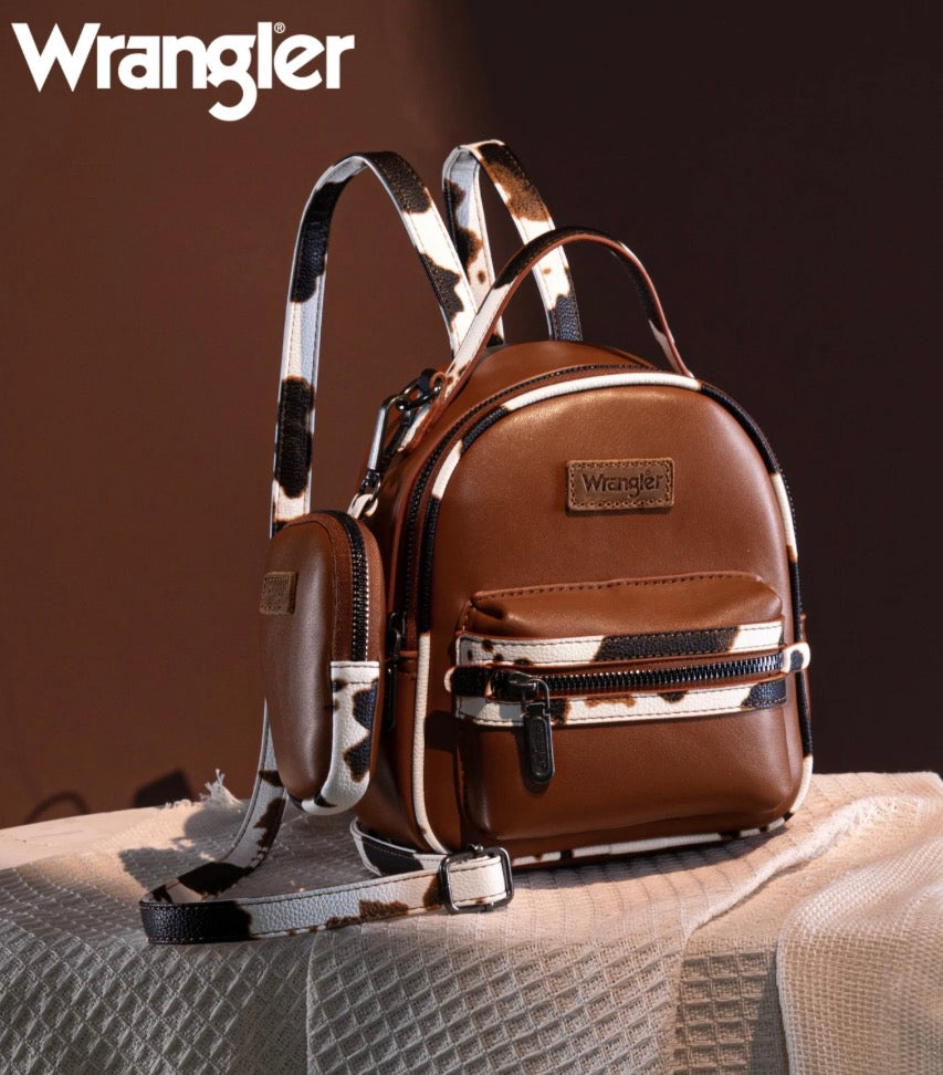 Wrangler Cow Print Trimmed Mini Backpack With Coin Pouch - Brown