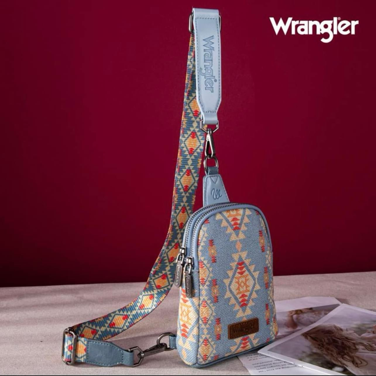 Wrangler Aztec Print Crossbody Sling Chest Bag~light blue
