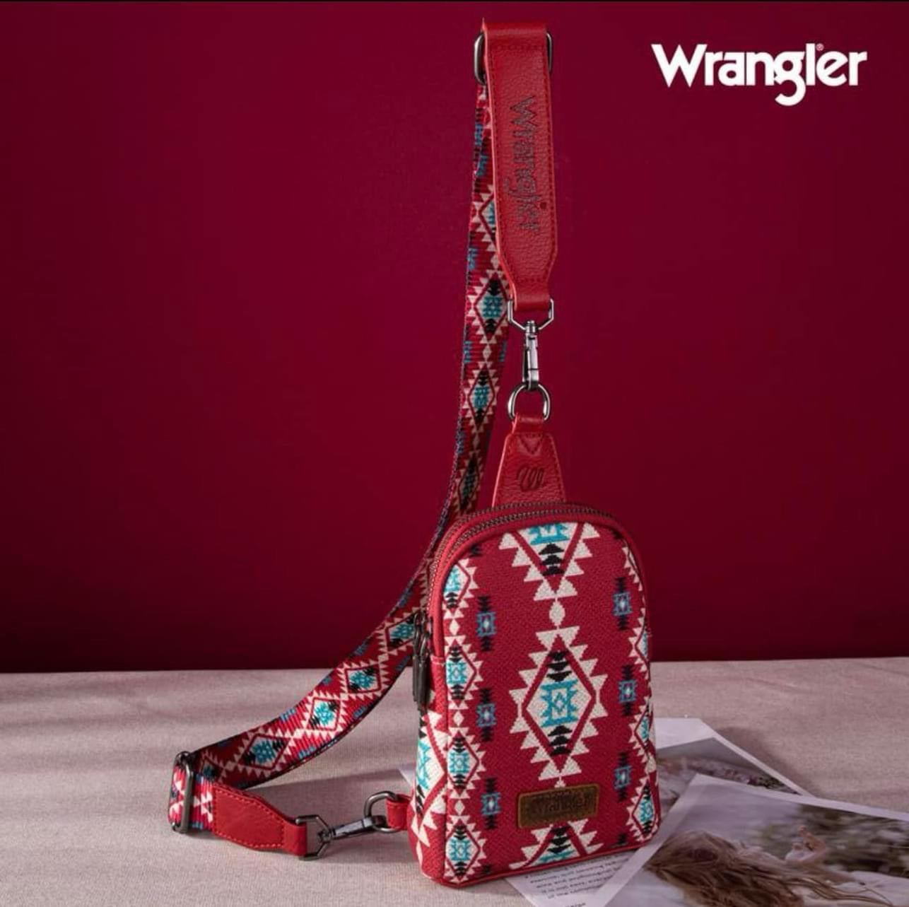 Wrangler Aztec Print Crossbody Sling Chest Bag~Burgundy