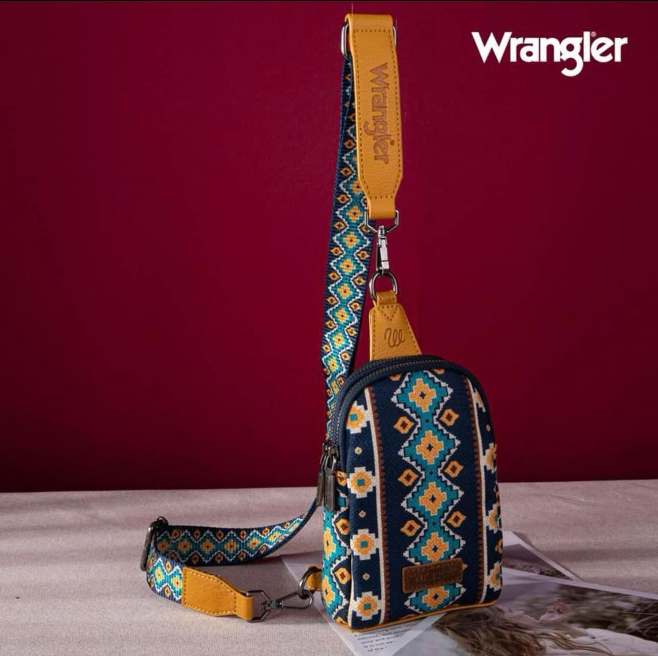 Wrangler Aztec Print Crossbody Sling Chest Bag~MUSTARD