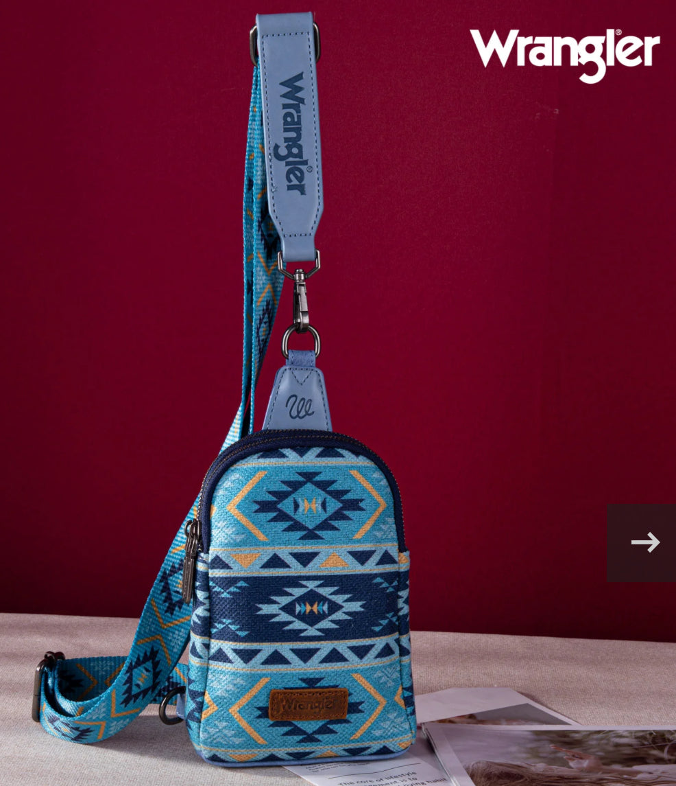 Wrangler Aztec Print Crossbody Sling Chest Bag~Navy