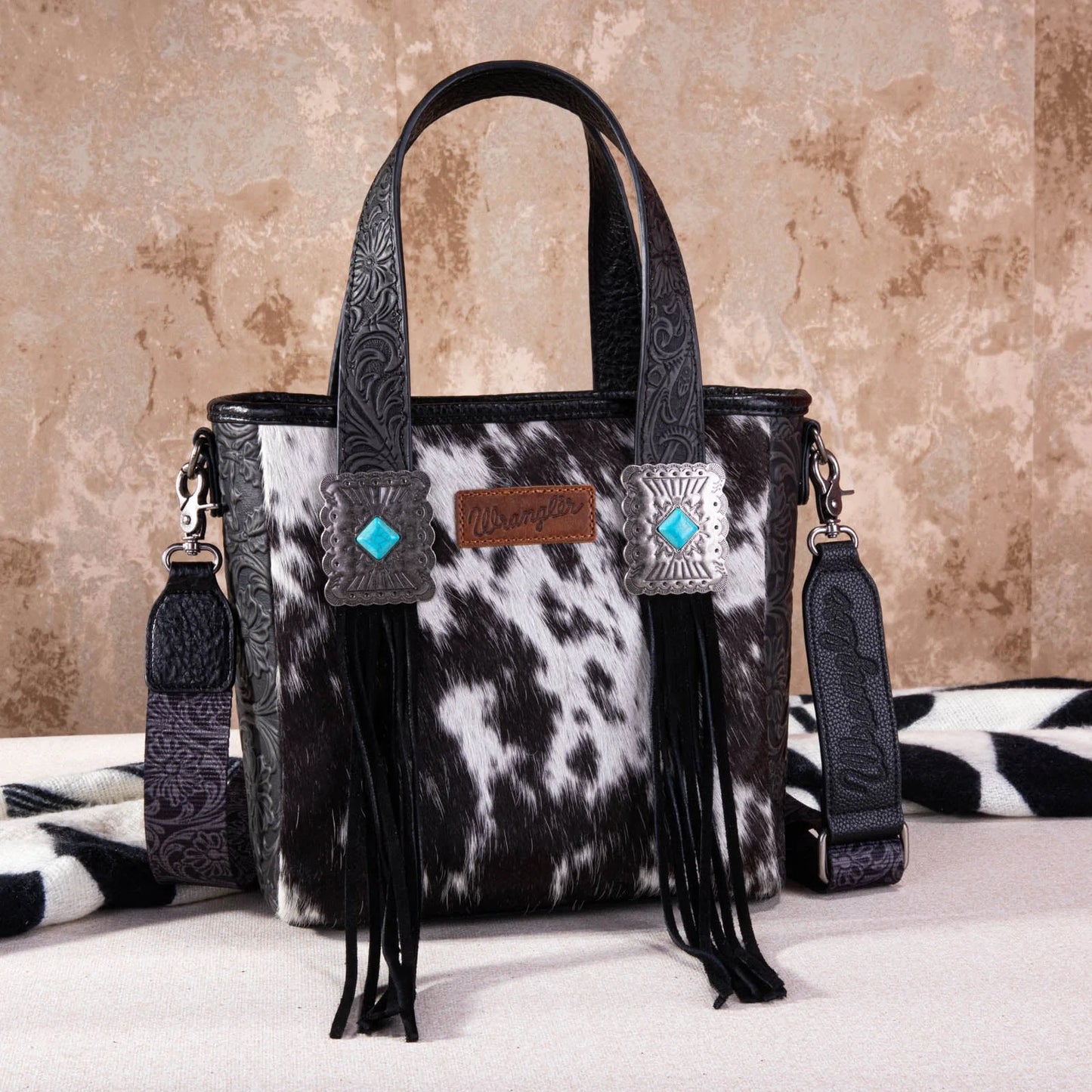 Wrangler Hair-On Cowhide Vintage Floral Concealed Carry Tote/Crossbody Black *No two bags are the same. Picture may differ.* Medium