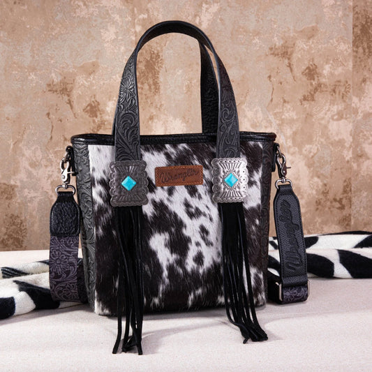 Wrangler Hair-On Cowhide Vintage Floral Concealed Carry Tote/Crossbody Black *No two bags are the same. Picture may differ.* Medium