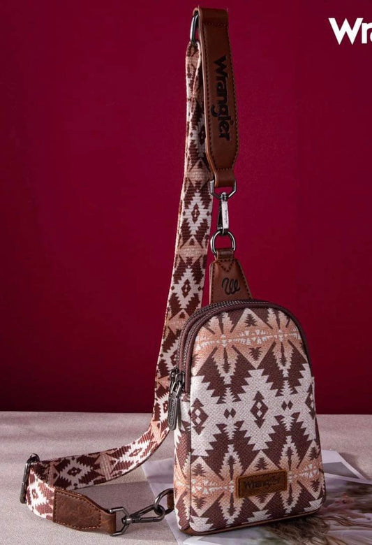 Wrangler Aztec Print Crossbody Sling Chest Bag ~ Light Coffee