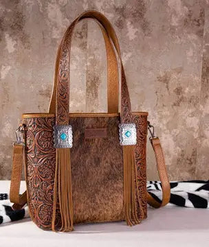 Wrangler Hair-On Cowhide Vintage Floral Concealed Carry Tote/Crossbody - Brown
