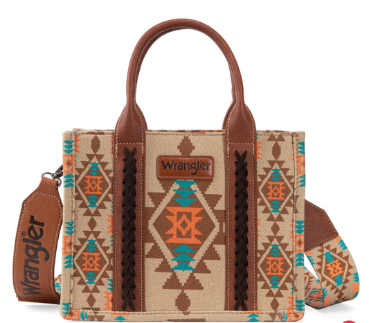 Wrangler Aztec Southwestern Pattern Dual Sided Print Canvas Tote/Crossbody~ TAN