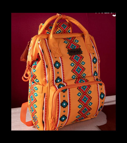 Wrangler Aztec Southwestern Pattern Dual Sided Print Multi-Function Backpack~ MUSTARD