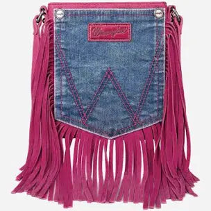 Wrangler Leather Fringe Jean Denim Pocket Crossbody - Hot Pink