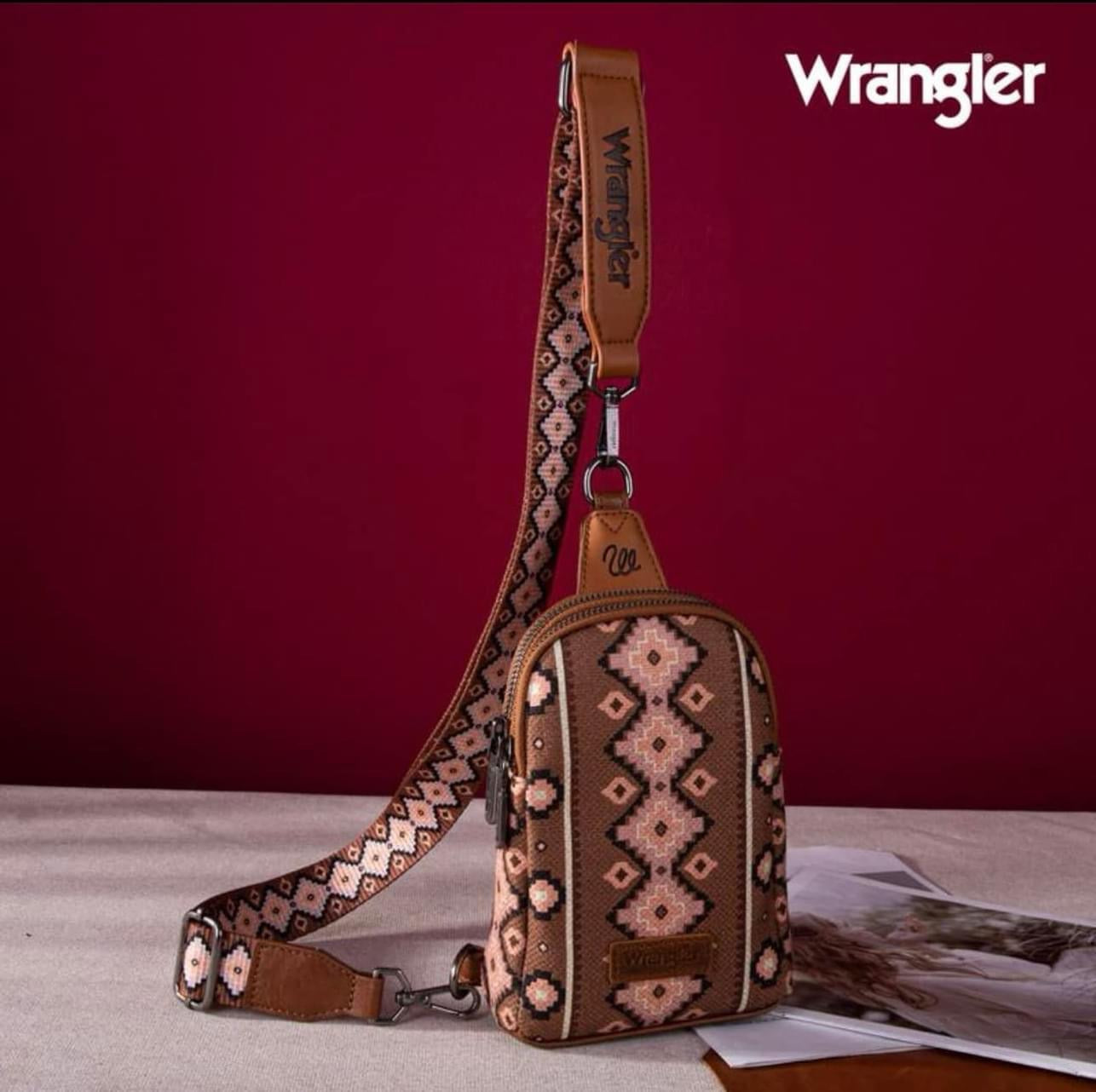 Wrangler Aztec Print Crossbody Sling Chest Bag~Dark Brown