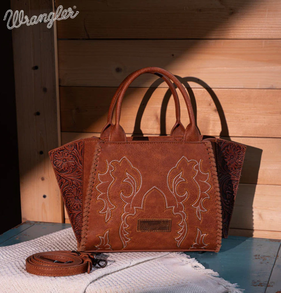 Wrangler Embroidered Trapezoid Tote/Crossbody-Brown