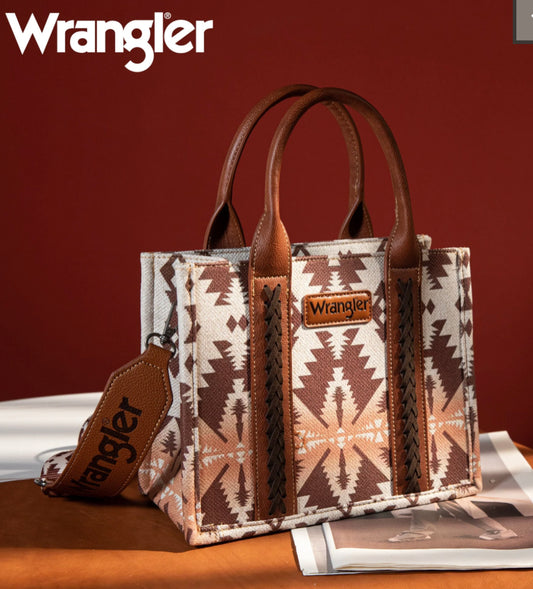 Wrangler Southwestern Print Small Canvas Tote/Crossbody~LIGHT Coffee ombré