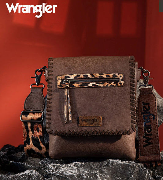 Wrangler Whipstitch Leopard Crossbody- Brown