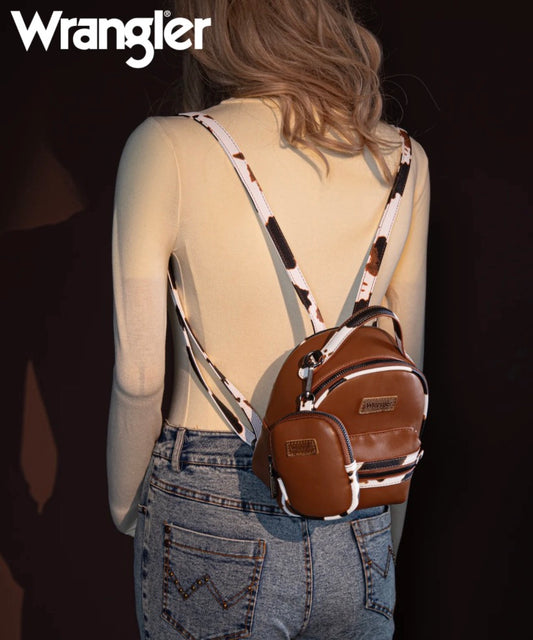 Wrangler Cow Print Trimmed Mini Backpack With Coin Pouch - Brown