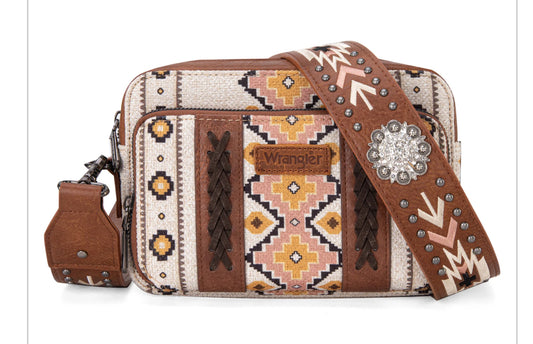 Wrangler Aztec Printed Crossbody Purse With Wallet Compartment - Coffee
