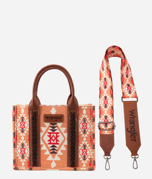 Wrangler Allover Aztec Dual Sided Print Crossbody Canvas Tote~CORAL