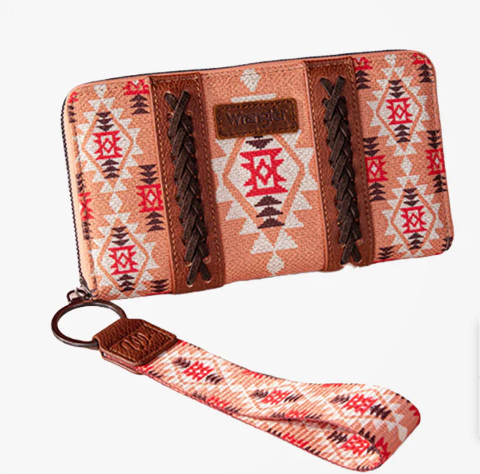 WRANGLER ALLOVER AZTEC DUAL SIDED PRINT CANVAS WALLET ~ Coral
