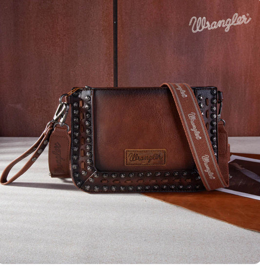 Wrangler Rivets Studded Wristlet/ Crossbody- BROWN