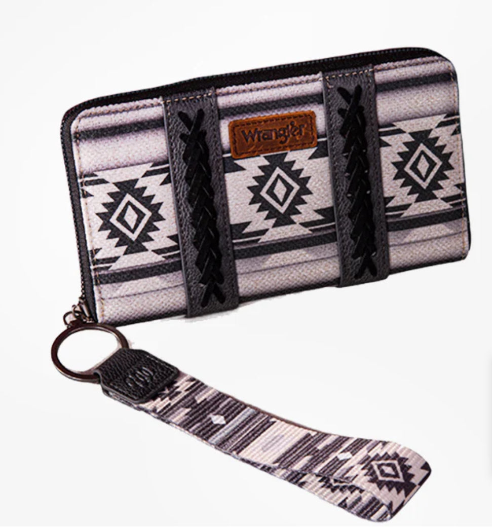 WRANGLER ALLOVER AZTEC DUAL SIDED PRINT CANVAS WALLET- BLACK
