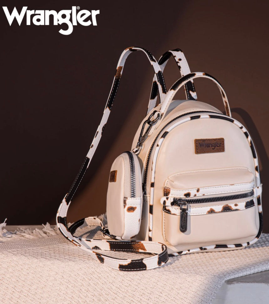 Wrangler Cow Print Trimmed Mini Backpack With Coin Pouch - Tan