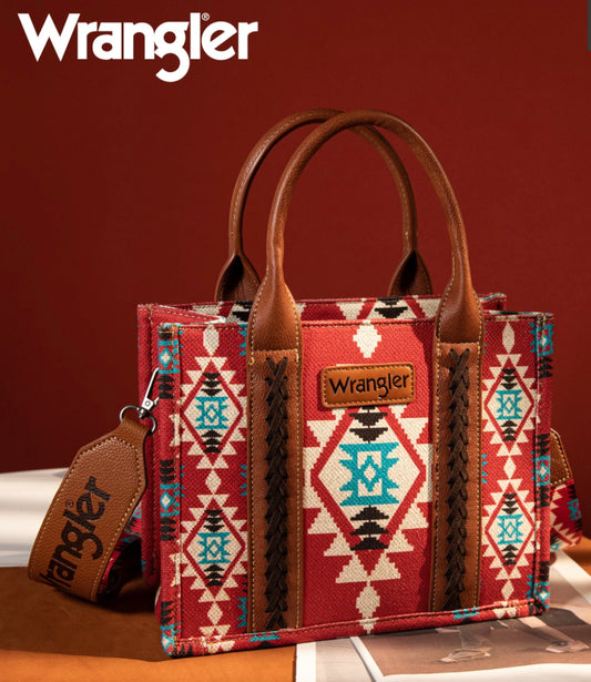 Wrangler Southwestern Print Small Canvas Tote/Crossbody~BURGUNDY