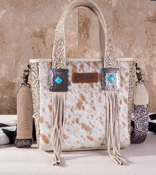 Wrangler Hair-On Cowhide Vintage Floral Concealed Carry Tote Crossbody -Bone