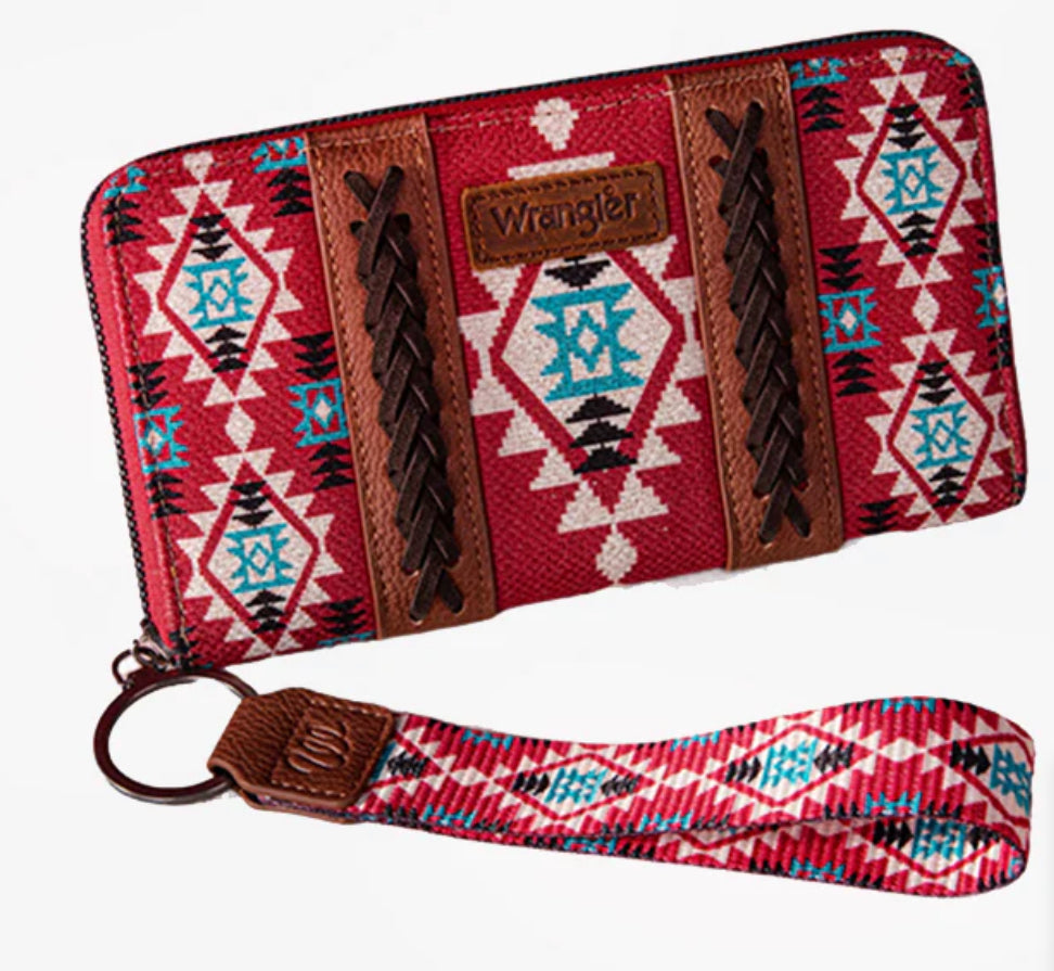 WRANGLER ALLOVER AZTEC DUAL SIDED PRINT CANVAS WALLET - BURGUNDY