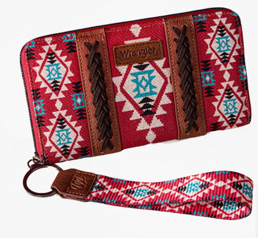 WRANGLER ALLOVER AZTEC DUAL SIDED PRINT CANVAS WALLET - BURGUNDY