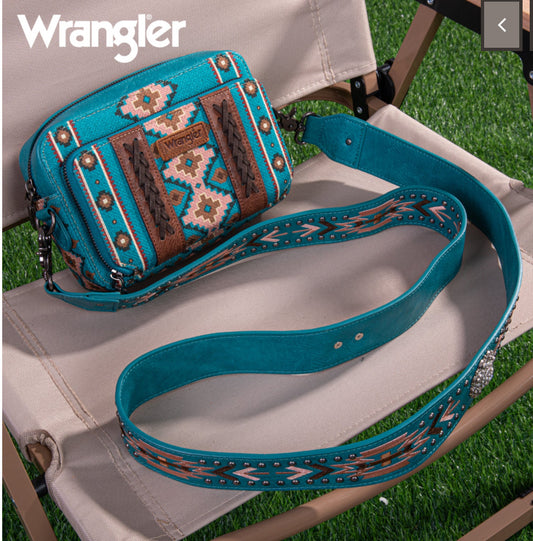Wrangler Aztec Printed Crossbody Purse With Wallet Compartment - Turquoise