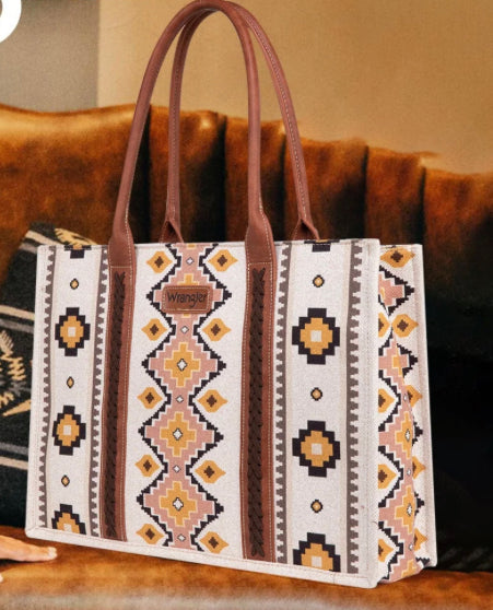 Wrangler Southwestern Pattern Canvas Wide Tote - COFFEE
