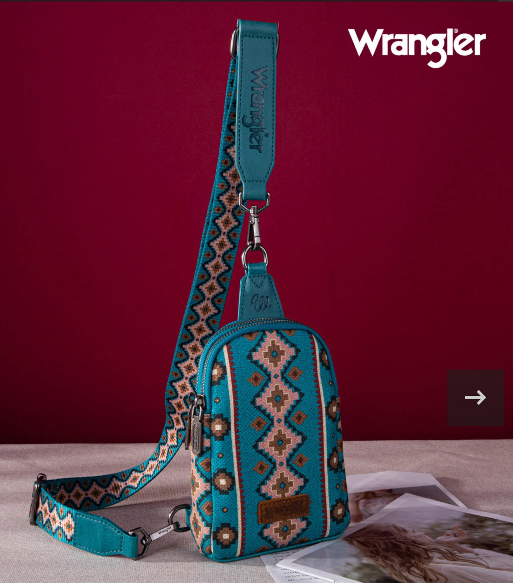 Wrangler Aztec Print Crossbody Sling Chest Bag~DARK TURQUOISE