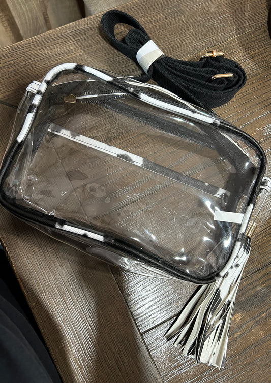 Black Cow Print Rectangle Clear Crossbody