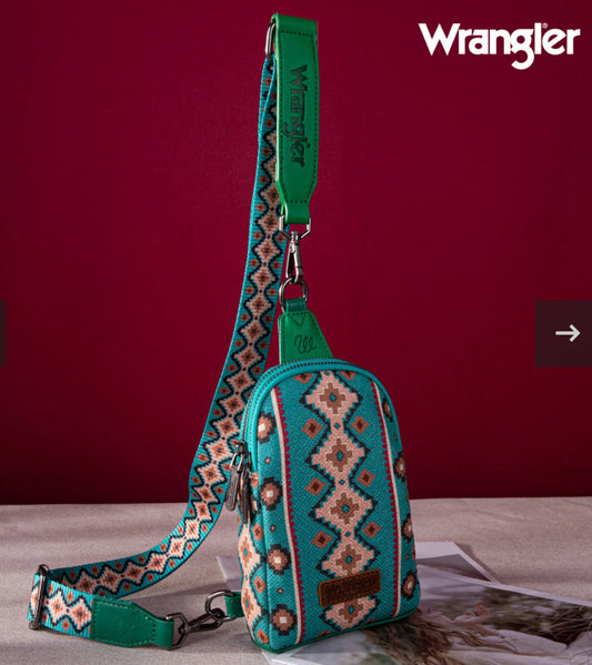 Wrangler Aztec Print Crossbody Sling Chest Bag~TURQUOISE