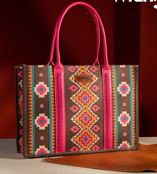 Wrangler Southwestern Pattern Dual Sided Print Canvas Wide Tote- Hot Pink