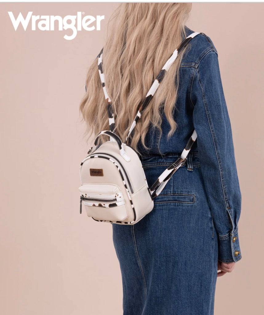 Wrangler Cow Print Trimmed Mini Backpack With Coin Pouch - Tan