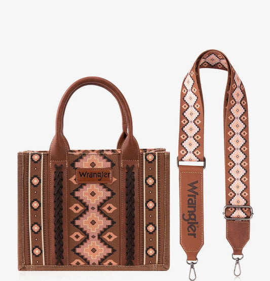 Wrangler Allover Aztec Dual Sided Print Crossbody Canvas Tote~BROWN Dark