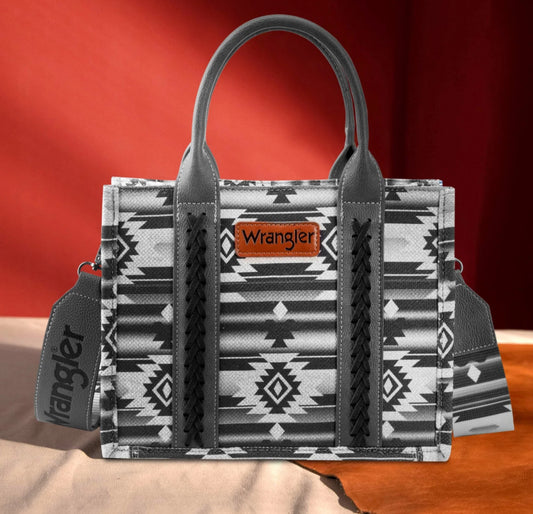 Wrangler Allover Aztec Dual Sided Print Crossbody Canvas Tote~ BLACK