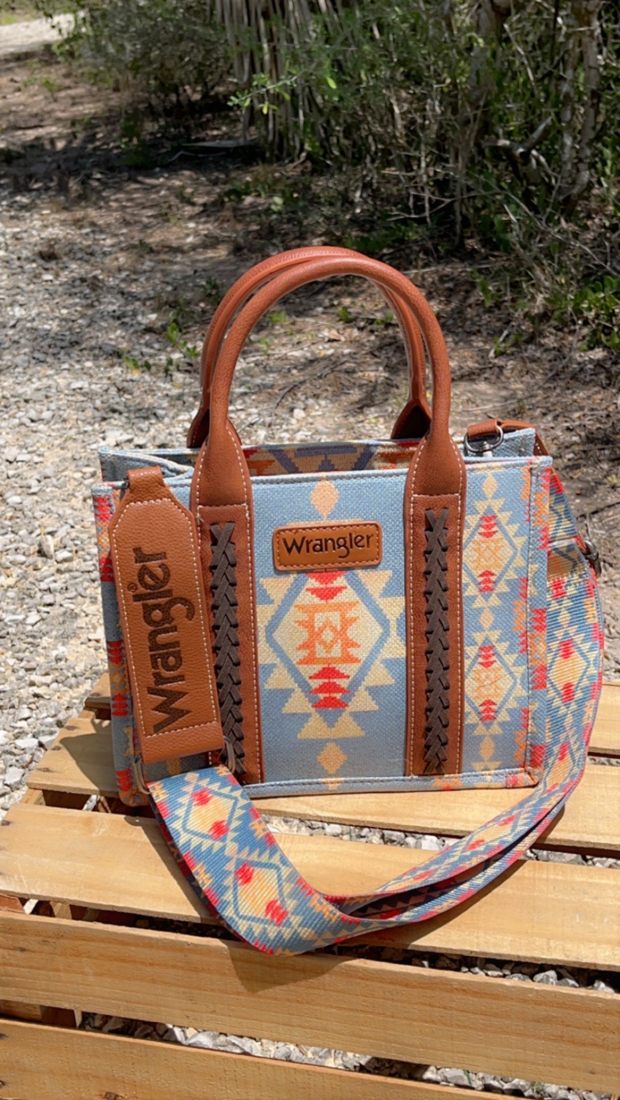 Wrangler Southwestern Print Small Canvas Tote/Crossbody~Brown/light blue