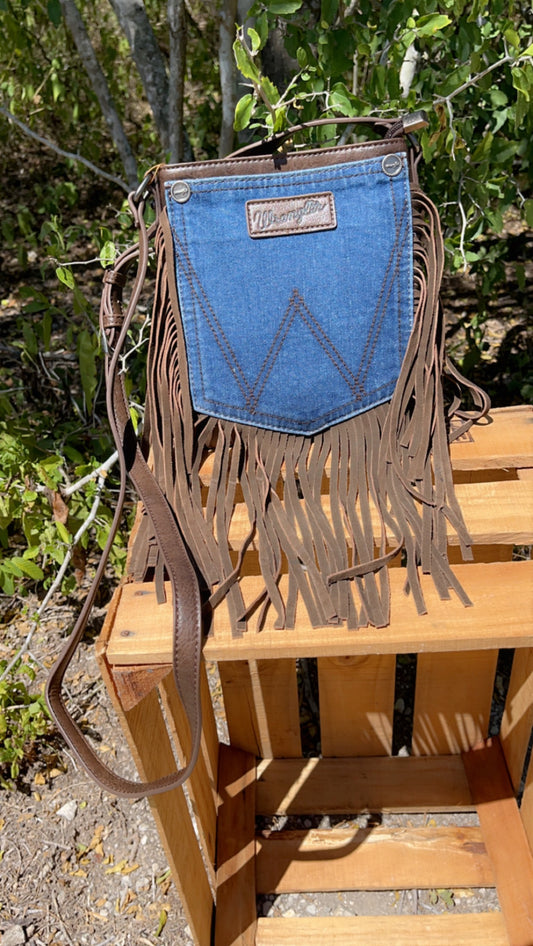 Wrangler Leather Fringe Jean Denim Pocket Crossbody ~Coffee