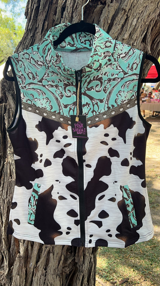 COW PRINT AND TURQUOISE VEST