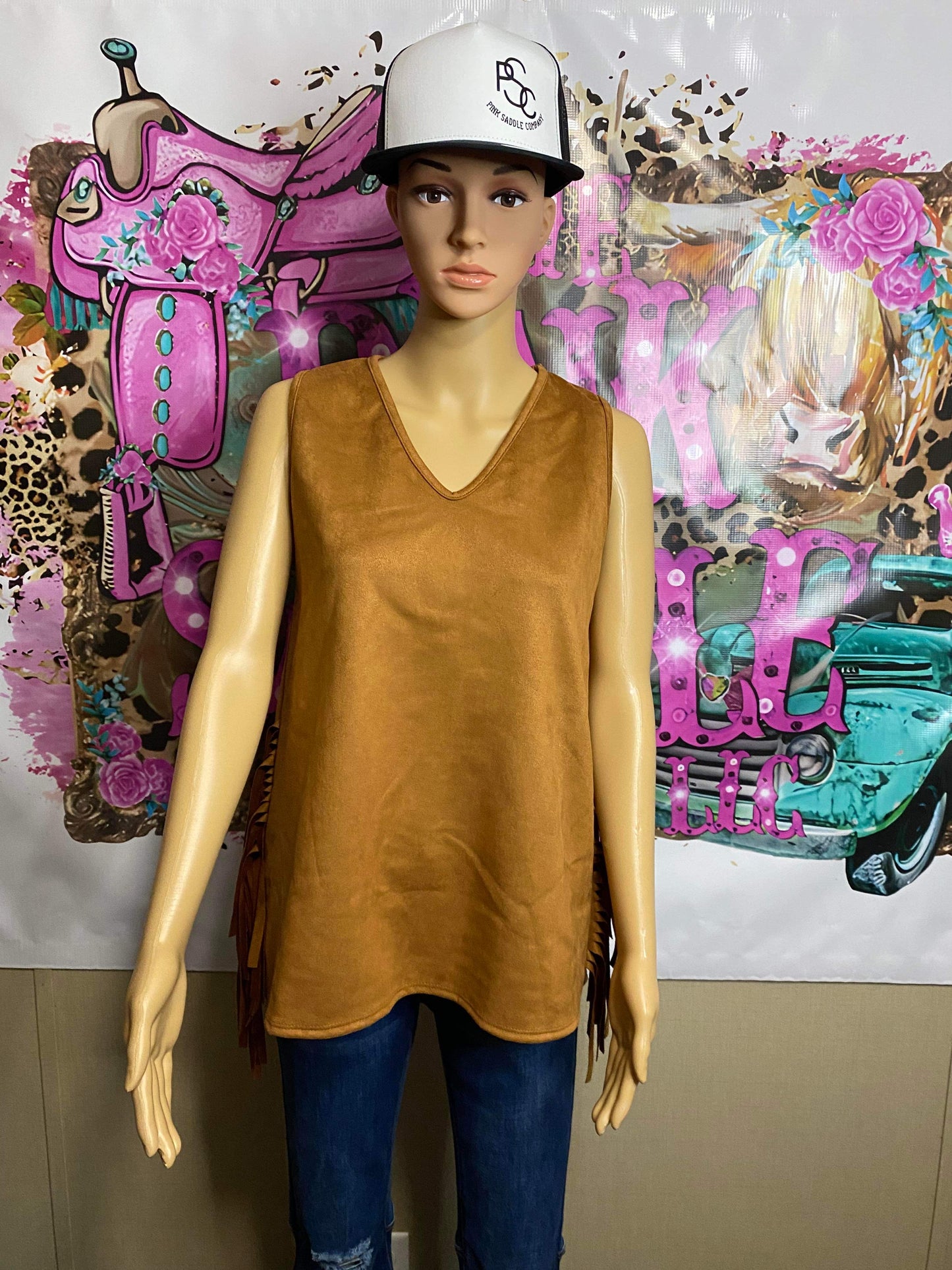 Camel Suede Tank Top with Side Fringes