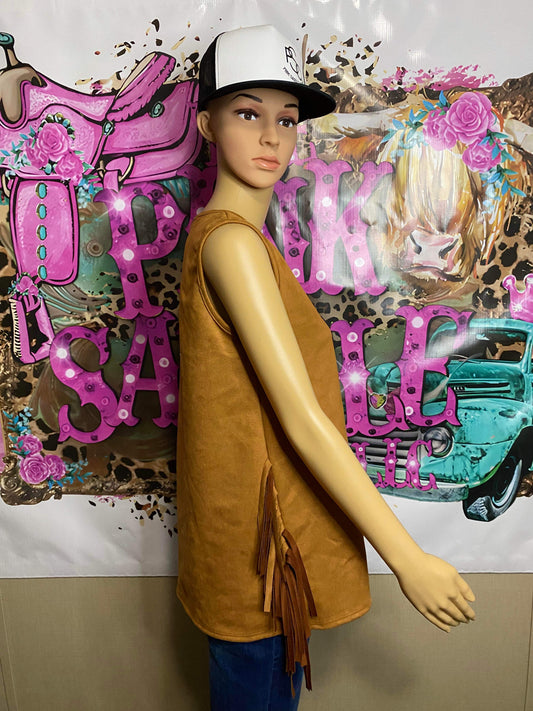 Camel Suede Tank Top with Side Fringes
