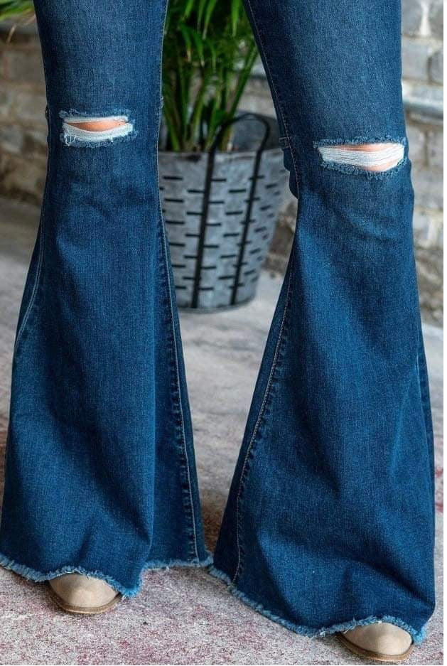 DARK WASH HIGH WAISTED  RIPPED BELL BOTTOMS JEANS