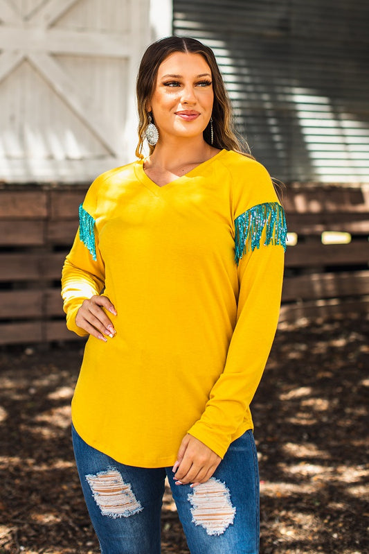 MUSTARD RAGLAN V NECK TEE WITH JADE SEQUIN FRINGE